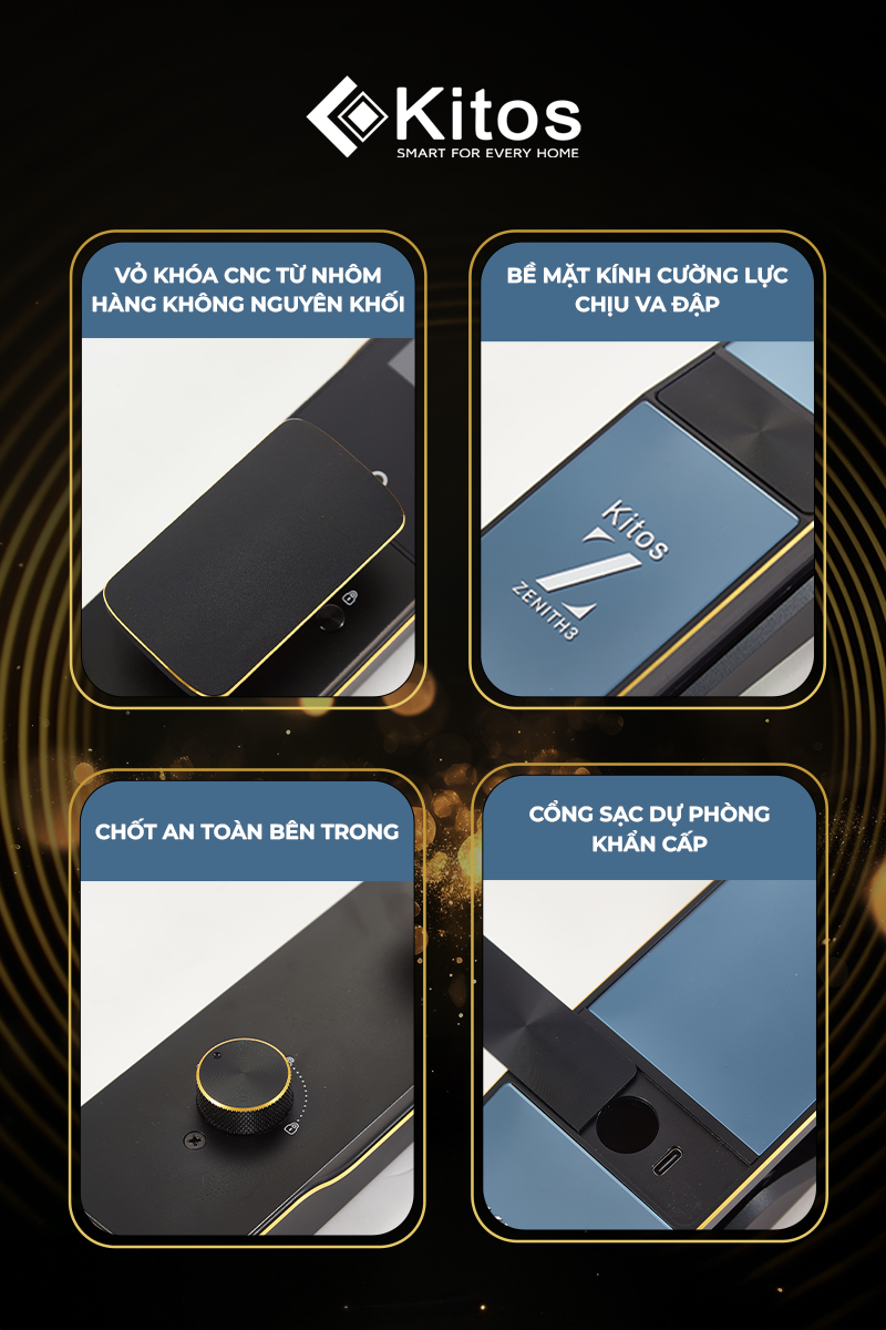 Khóa thông minh cao cấp Kitos Zenith 3 được làm bằng nhôm hàng không nguyên khối CNC