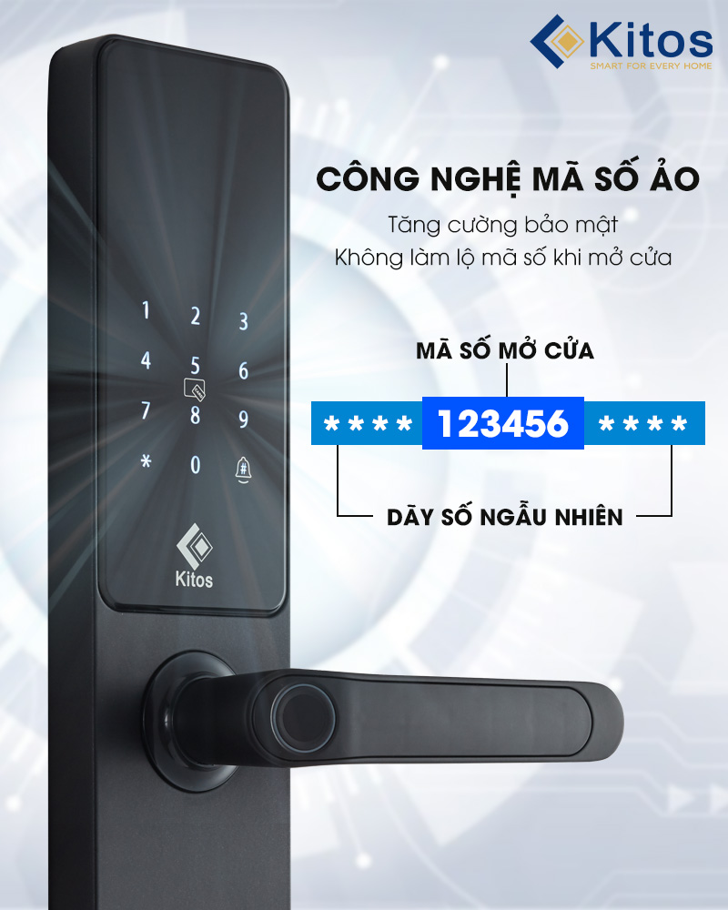Khóa vân tay Kitos KT-E3 Pro tích hợp công nghệ trộn mã số, đảm bảo an toàn tránh bị nhìn trộm mật mã