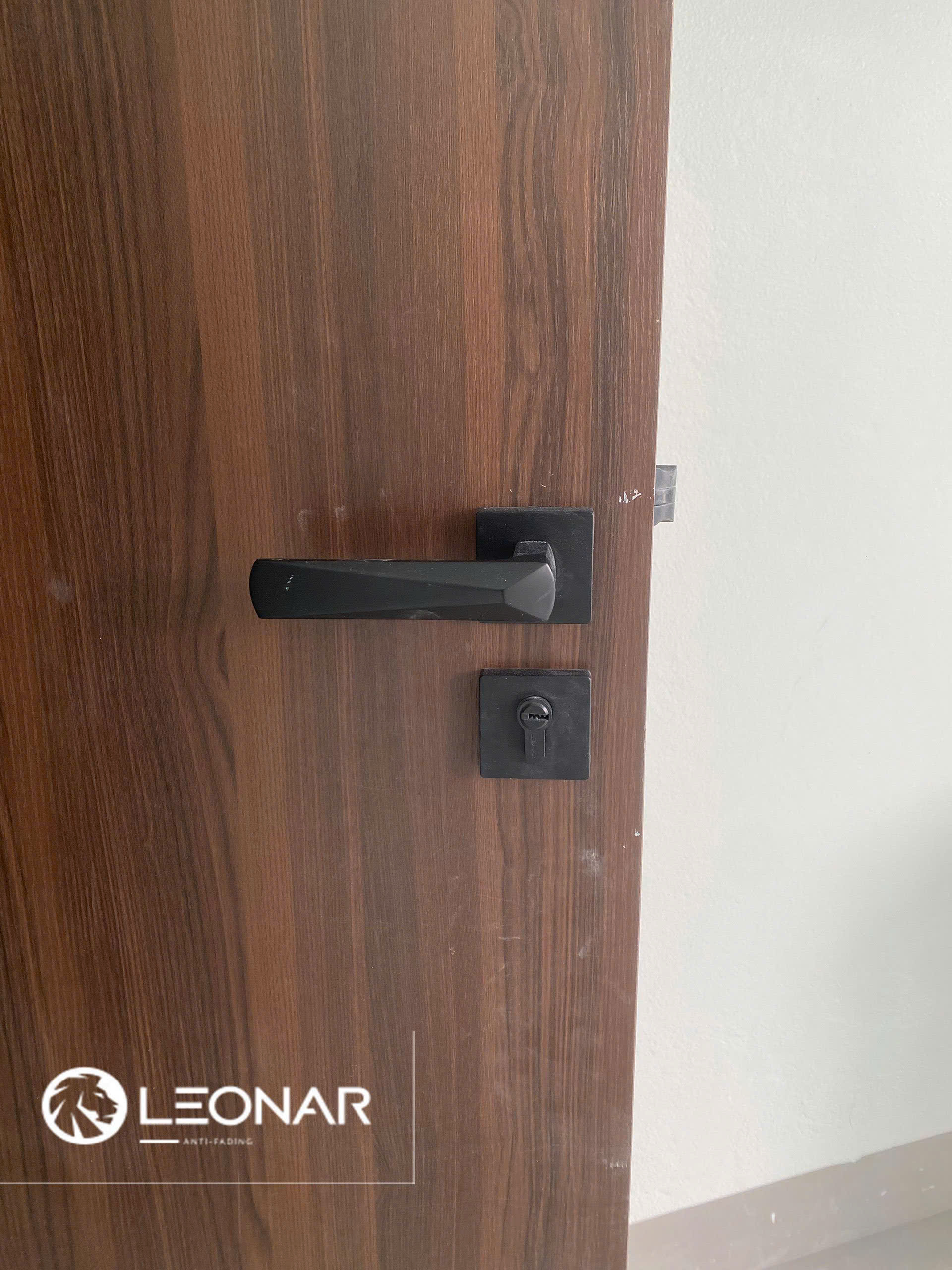 Khóa cửa Leonar L6-gray hiện đại lắp lên cửa gỗ composite