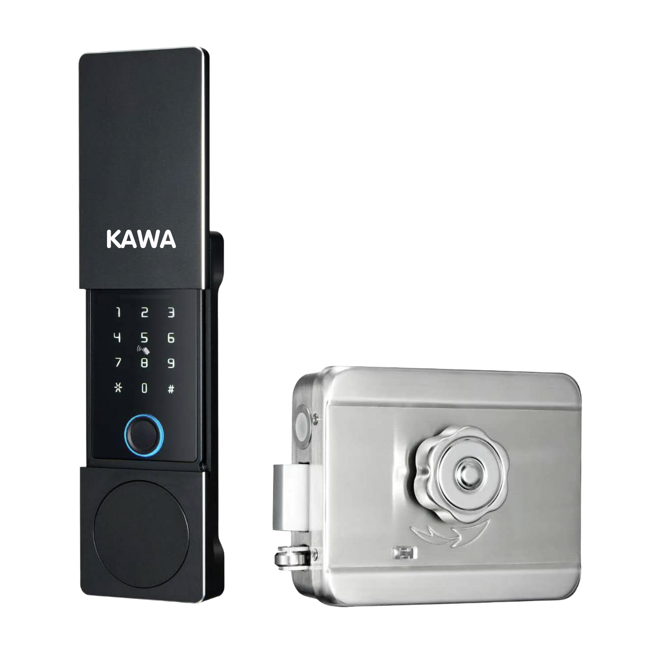Khóa vân tay cửa cổng Kawa KC01 3 có 5 tính năng mở khóa, mặt sau có vân tay tiện lợi và an toàn