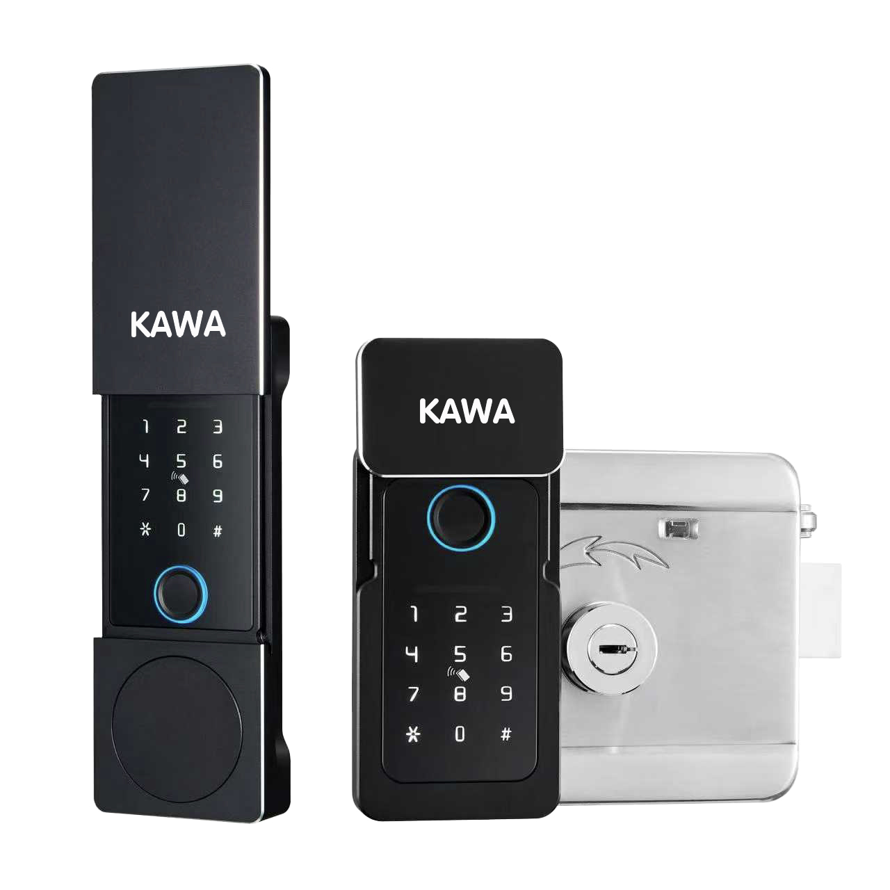 Khóa vân tay cửa cổng Kawa KC02 có 5 tính năng mở khóa, mặt sau có vân tay tiện lợi và an toàn