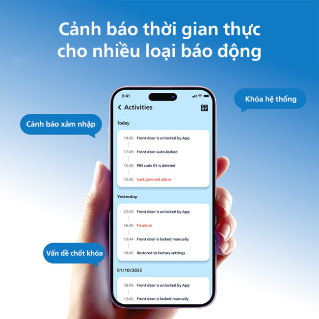 Khóa vân tay Philips DDL801-5HBS nhận cảnh báo thời gian thực cho nhiều loại báo động