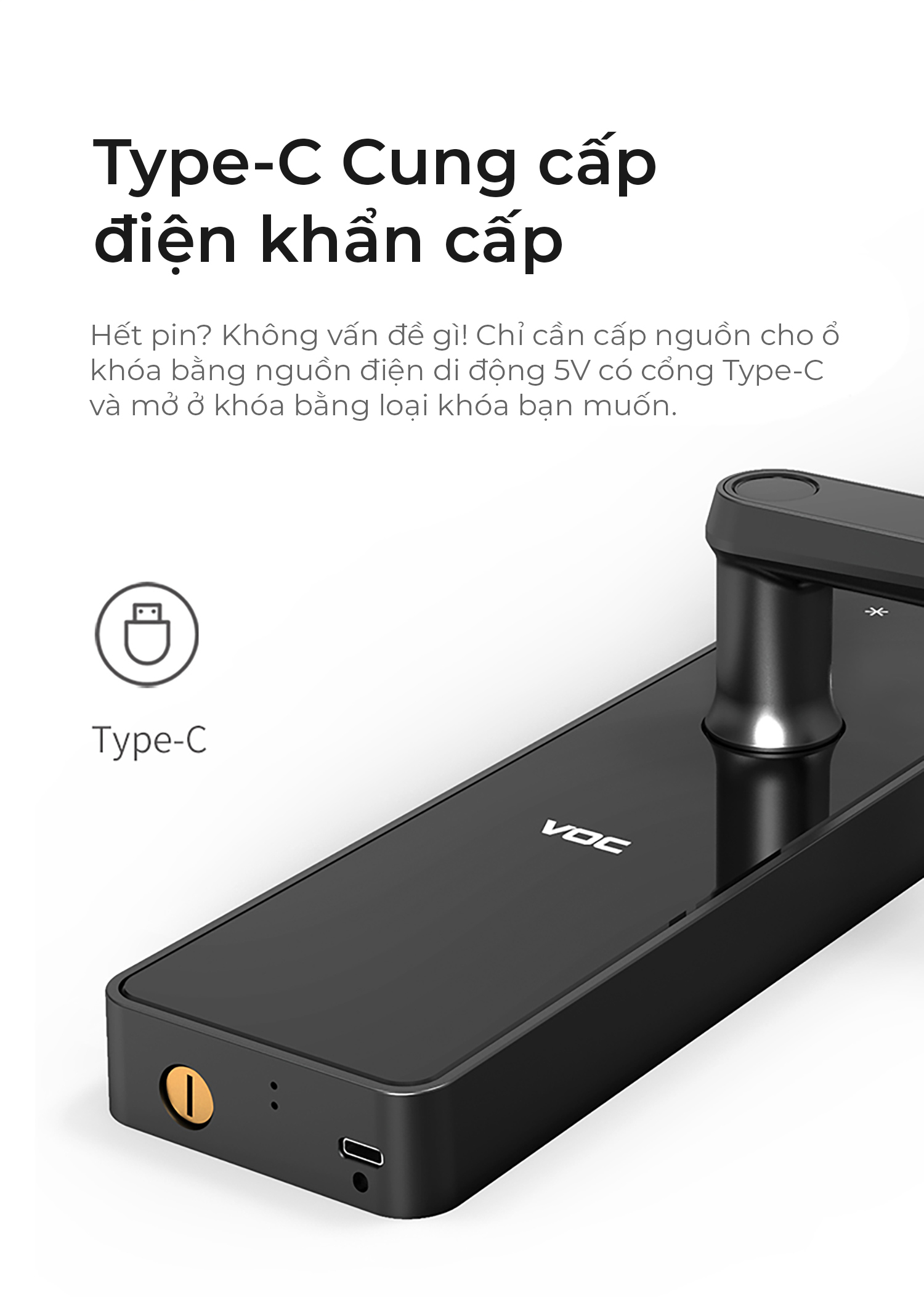 Khóa vân tay VOC X2 có nguồn khẩn cấp dùng chân sạc Type C
