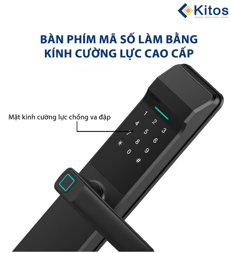 Khóa vân tay Kitos KT-G302 Pro được làm bằng hợp kim, mặt kính cường lực cao cấp