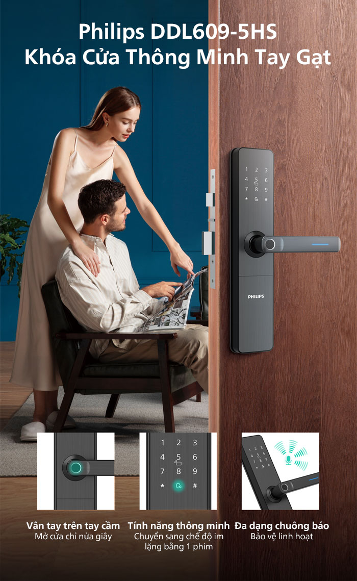 Khóa vân tay philips DDL609-5HS có thể bật chế độ im lặng chỉ bằng 1 phím