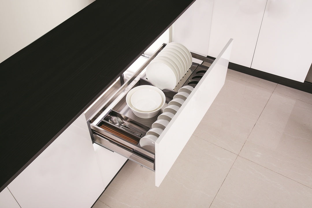 Giá bát đĩa inox hộp - cánh kéo ray giảm chấn